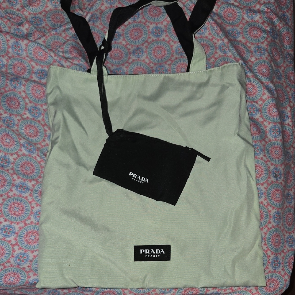 Prada Beauty Mint Green Tote with Black Pouch